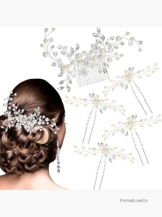 5 Piece Pearl Crystal Rhinestone Hair Comb & Pins Set main image 6